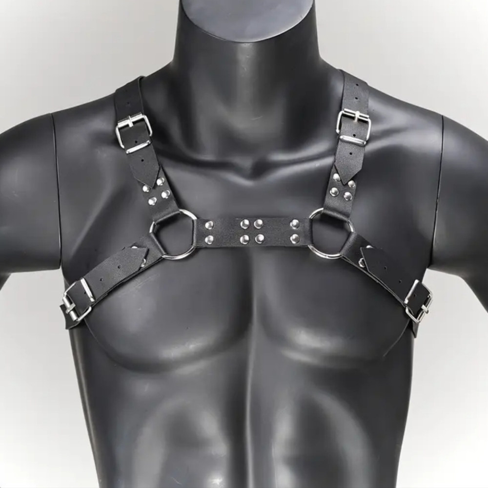 Men's Black Leather BDSM Body Harness With Silver Buckles & Double Rivets (OS)